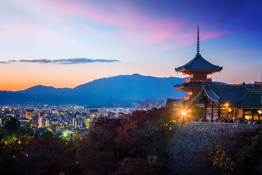 Autumn Color of Kyoto skyline and Kiyomizu-dera Temple in Kyoto